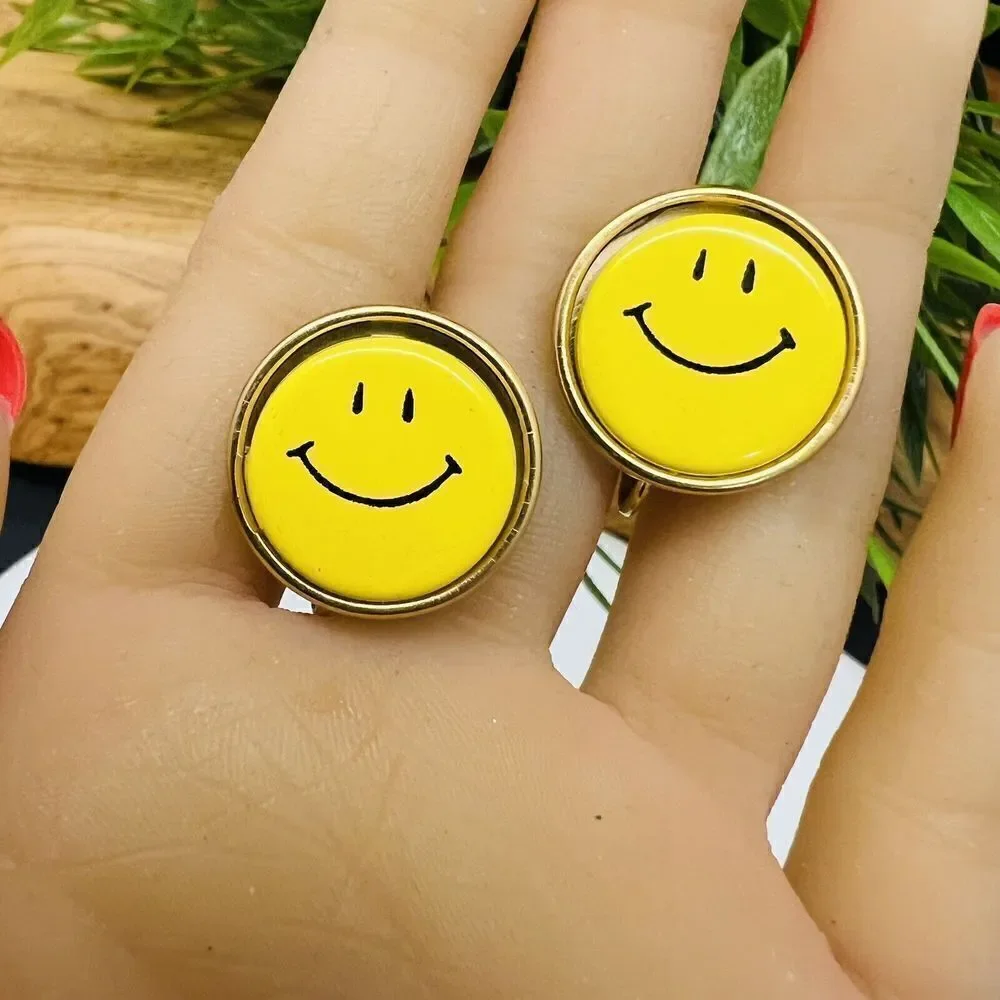 Vintage Yellow SMILEY FACE Button Gold Fun Cute Happy Joy Grin Earrings 1425